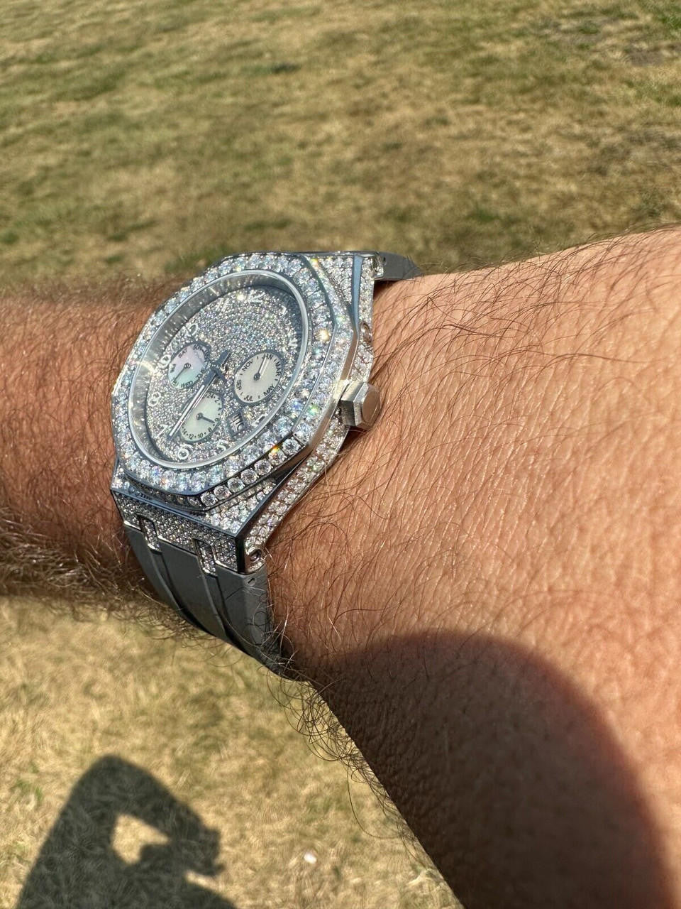 Real MOISSANITE Mens Watch Iced Skeleton Back 44mm Hip Hop - Gray Silicone Band