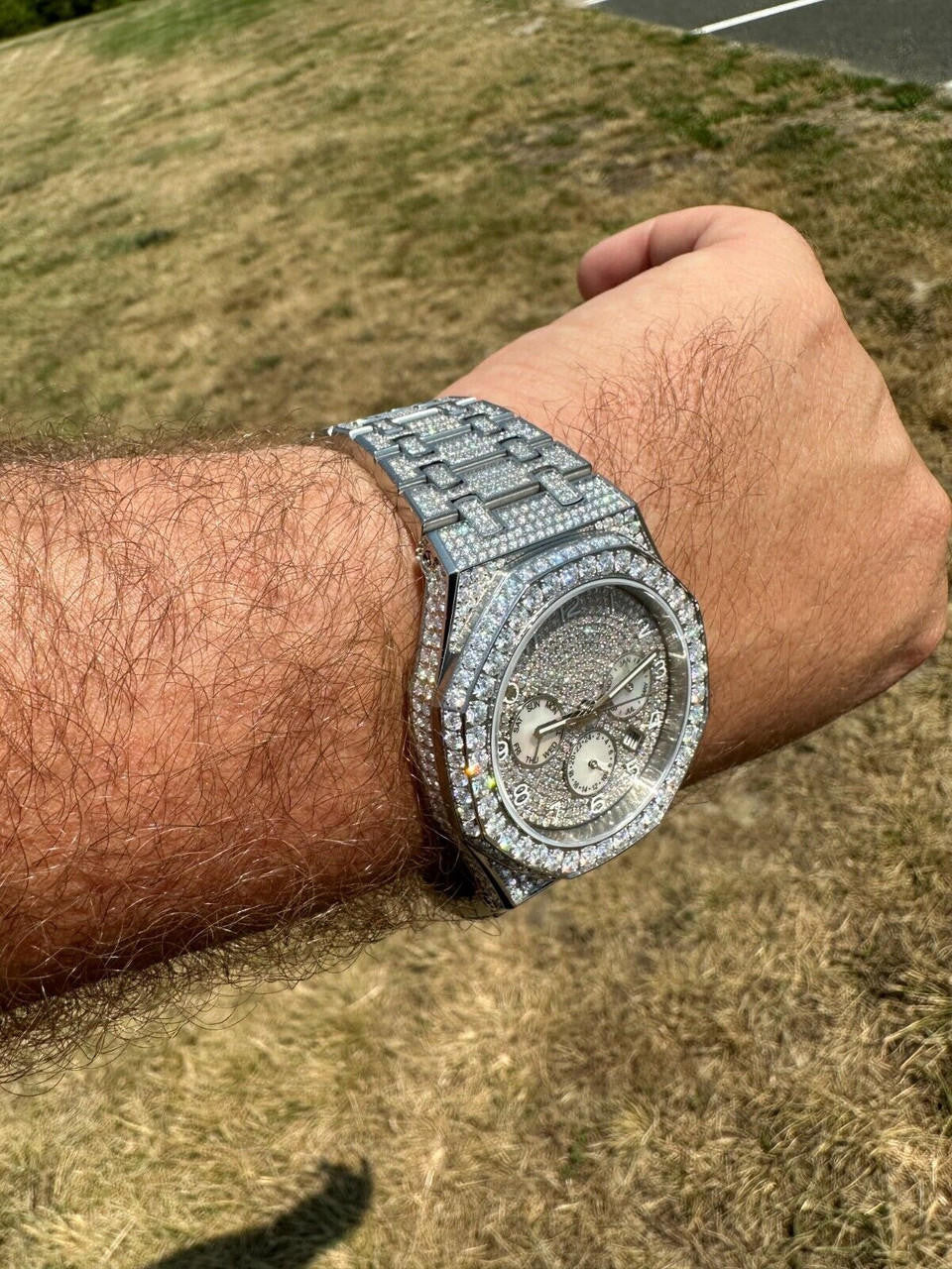 Real MOISSANITE Mens Watch Iced Skeleton Back 44mm Hip Hop Passes Diamond Tester.