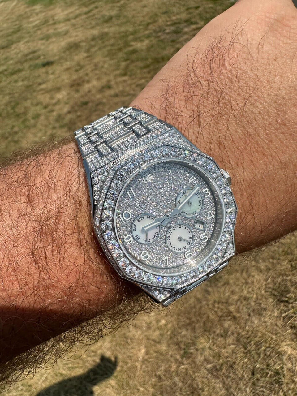 Real MOISSANITE Mens Watch Iced Skeleton Back 44mm Hip Hop Passes Diamond Tester.