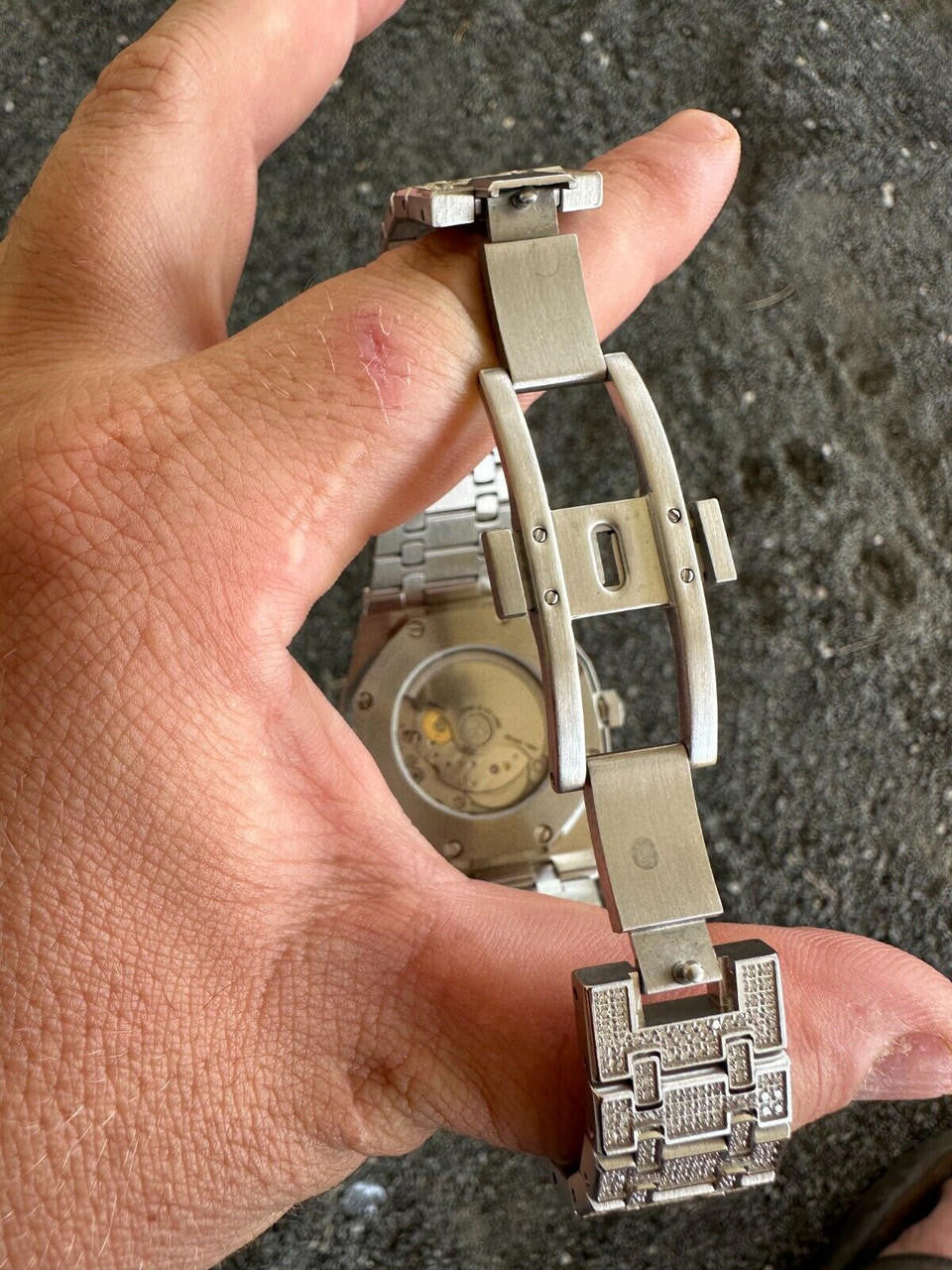 Real MOISSANITE Mens Watch Iced Skeleton Back 44mm Hip Hop Passes Diamond Tester.