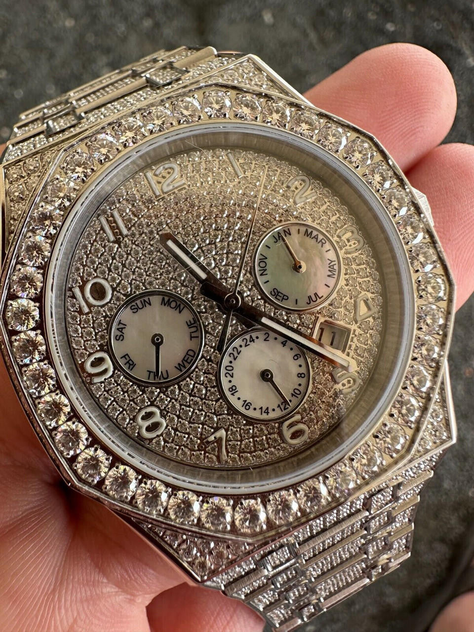 Real MOISSANITE Mens Watch Iced Skeleton Back 44mm Hip Hop Passes Diamond Tester.
