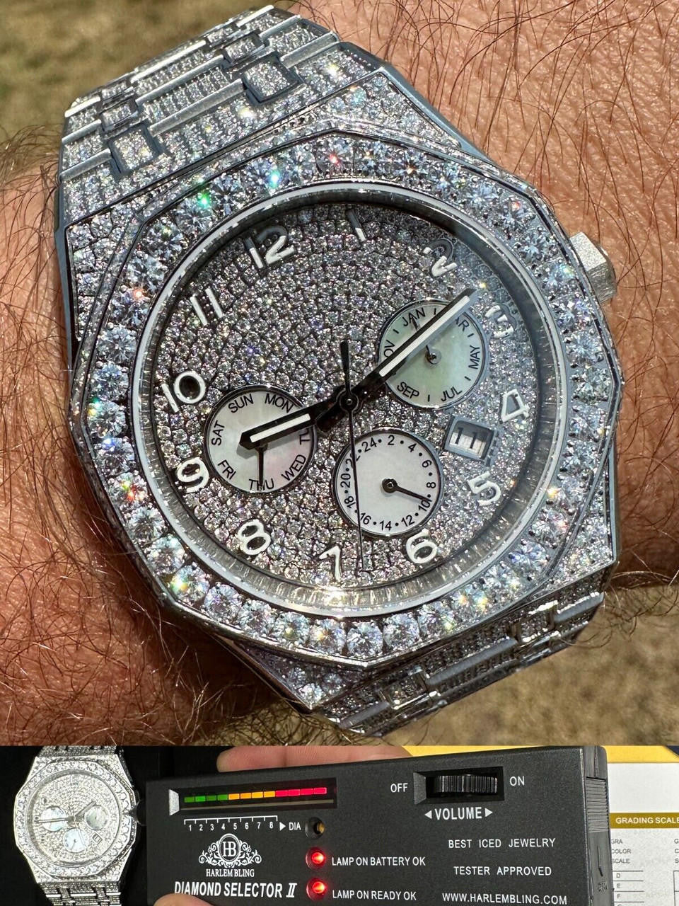 Real MOISSANITE Mens Watch Iced Skeleton Back 44mm Hip Hop Passes Diamond Tester.