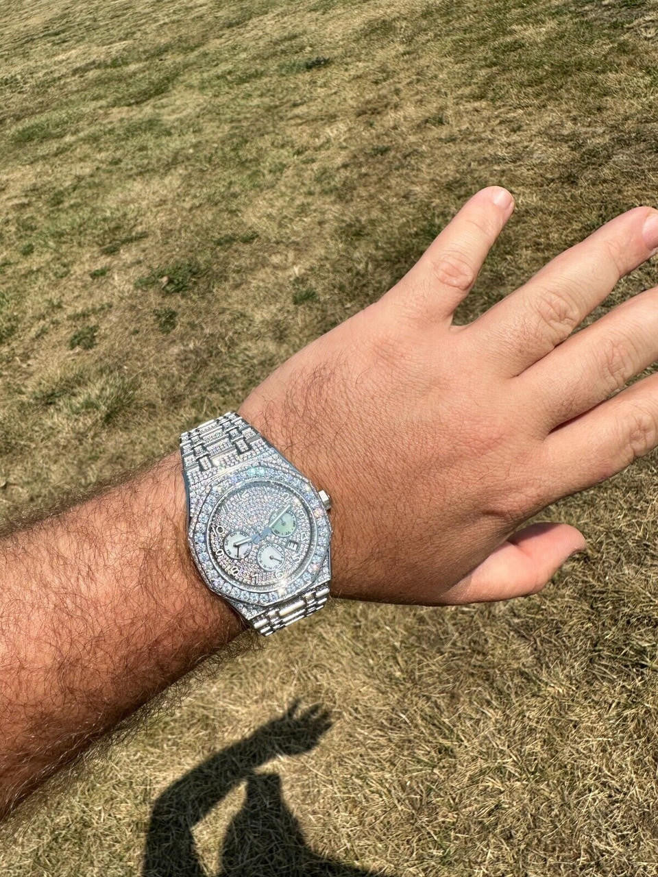 Real MOISSANITE Mens Watch Iced Skeleton Back 44mm Hip Hop Passes Diamond Tester.