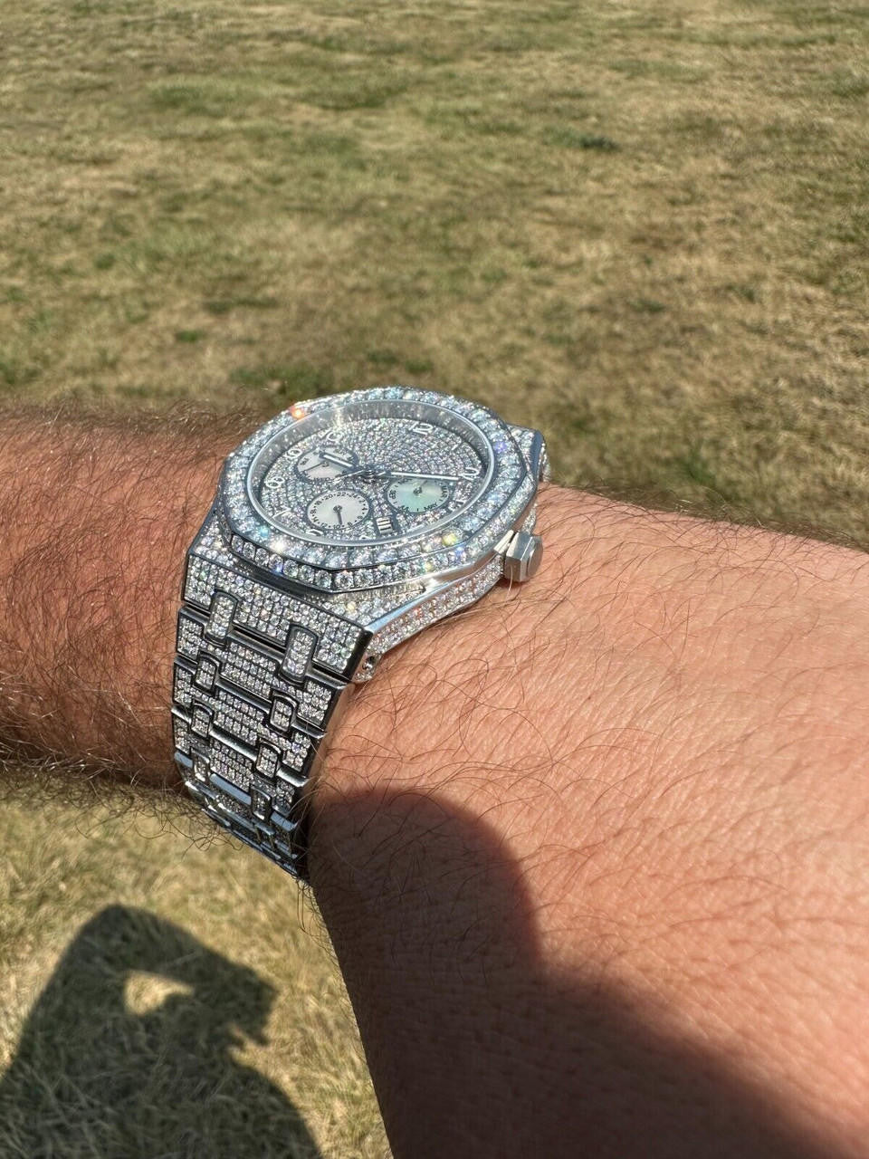 Real MOISSANITE Mens Watch Iced Skeleton Back 44mm Hip Hop Passes Diamond Tester.
