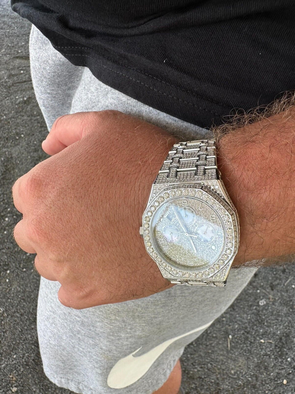 Real MOISSANITE Mens Watch Iced Skeleton Back 44mm Hip Hop Passes Diamond Tester.