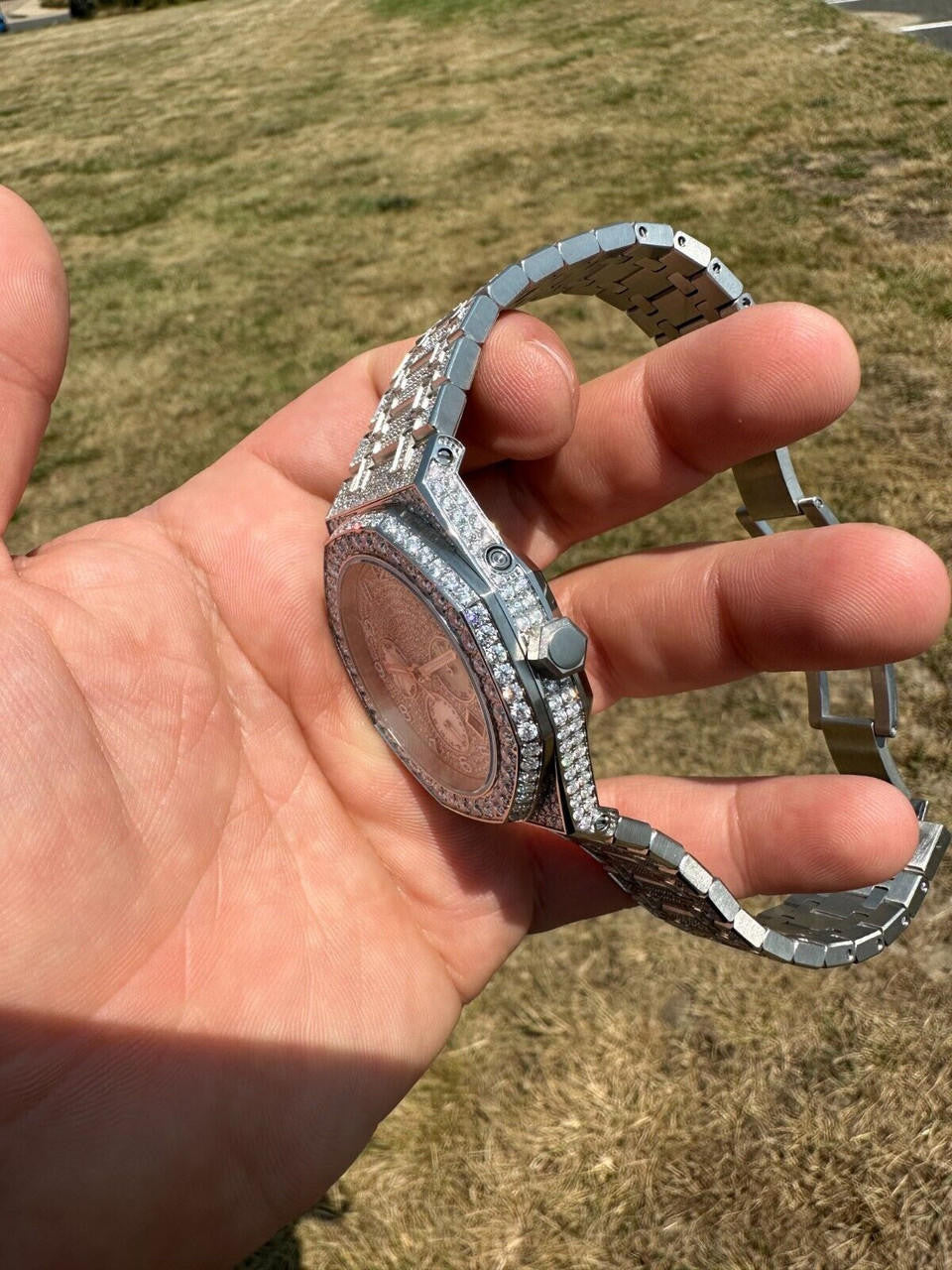 Real MOISSANITE Mens Watch Iced Skeleton Back 44mm Hip Hop Passes Diamond Tester.