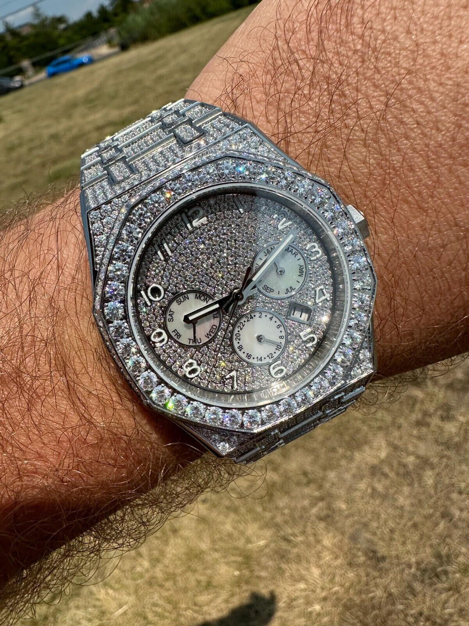 Real MOISSANITE Mens Watch Iced Skeleton Back 44mm Hip Hop Passes Diamond Tester.