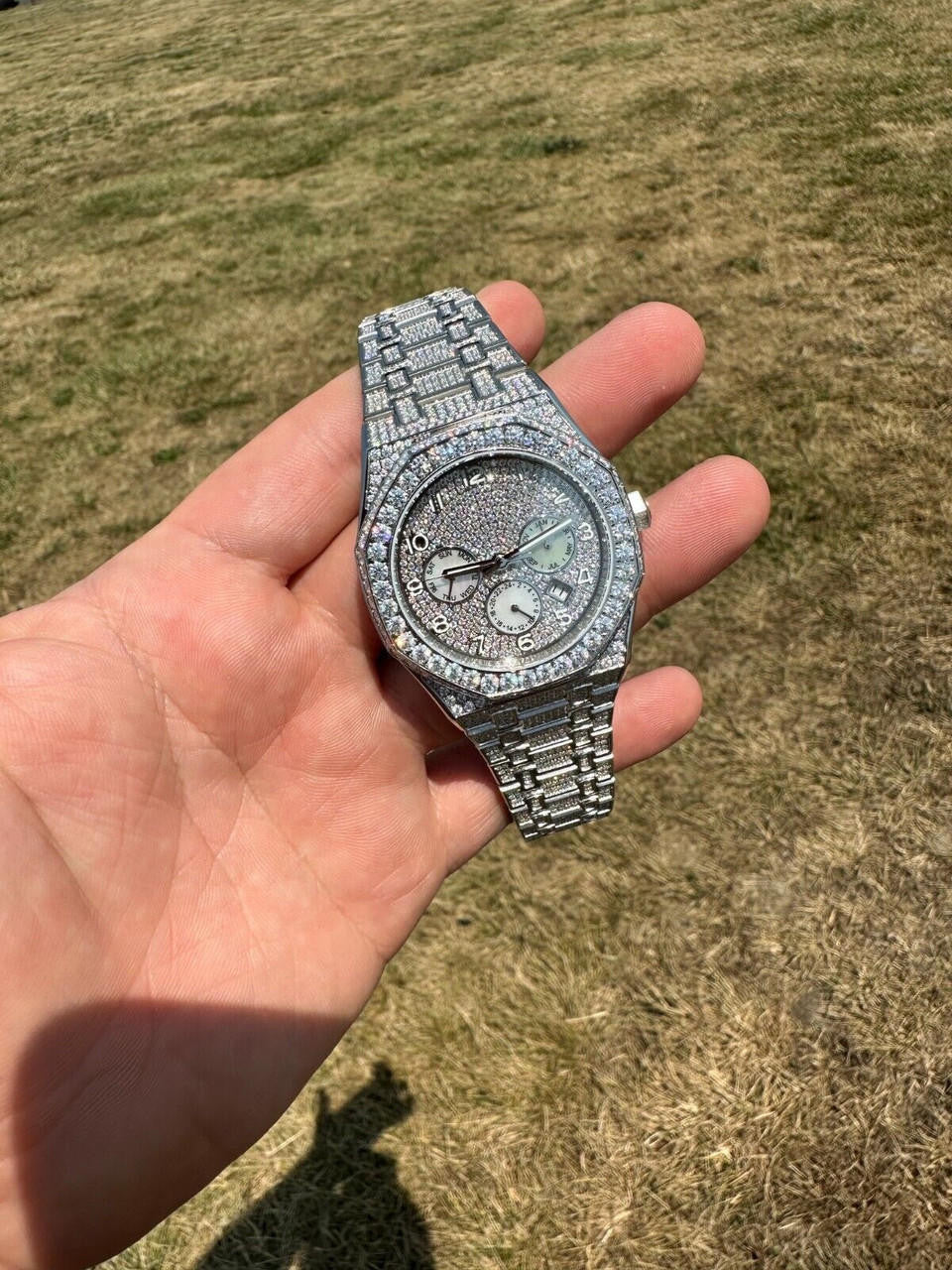 Real MOISSANITE Mens Watch Iced Skeleton Back 44mm Hip Hop Passes Diamond Tester.