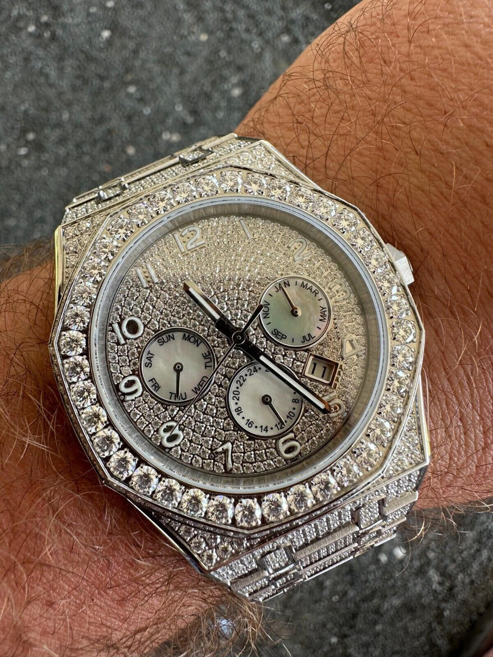 Real MOISSANITE Mens Watch Iced Skeleton Back 44mm Hip Hop Passes Diamond Tester.