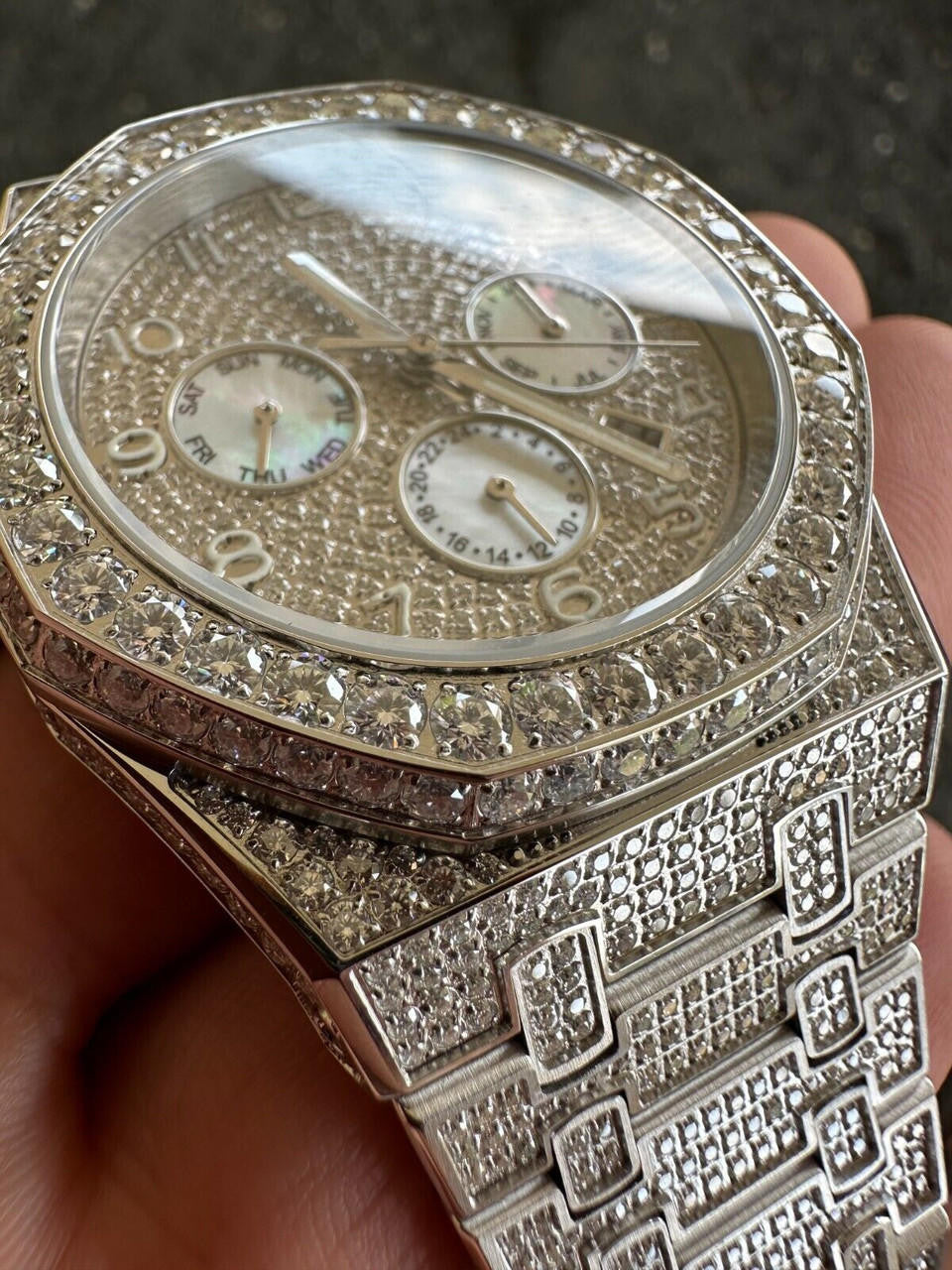 Real MOISSANITE Mens Watch Iced Skeleton Back 44mm Hip Hop Passes Diamond Tester.