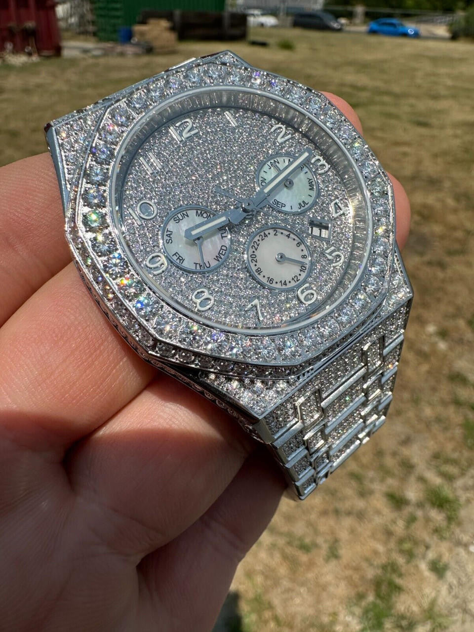 Real MOISSANITE Mens Watch Iced Skeleton Back 44mm Hip Hop Passes Diamond Tester.