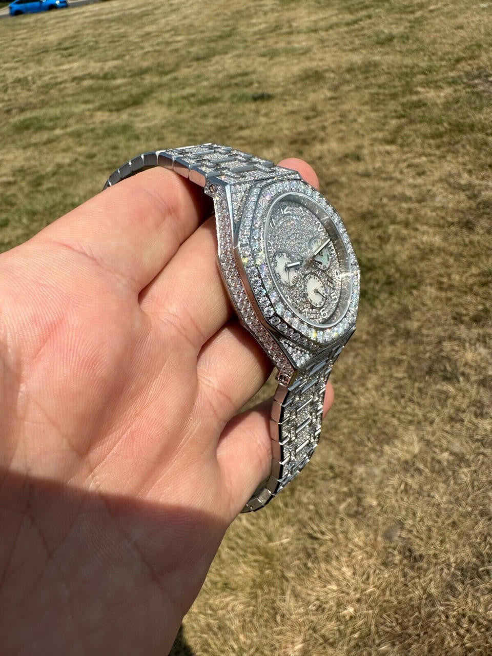 Real MOISSANITE Mens Watch Iced Skeleton Back 44mm Hip Hop Passes Diamond Tester.