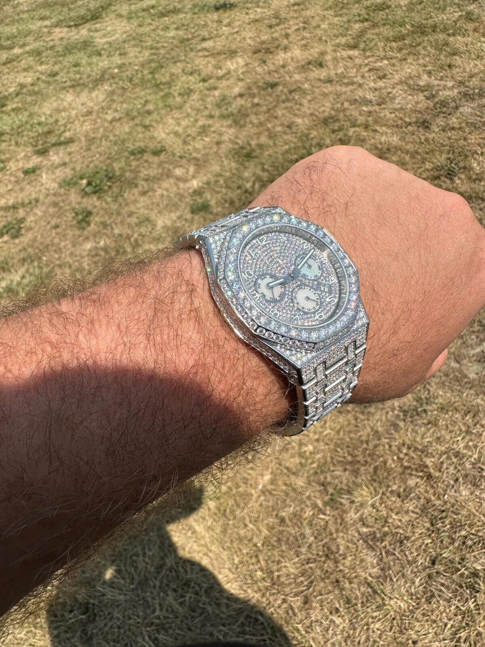 Real MOISSANITE Mens Watch Iced Skeleton Back 44mm Hip Hop Passes Diamond Tester.