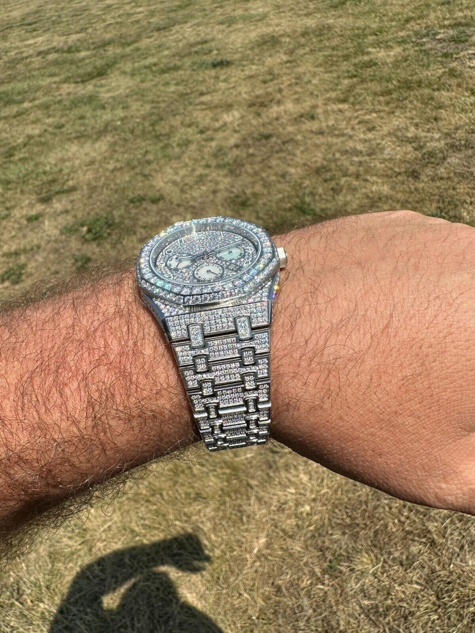 Real MOISSANITE Mens Watch Iced Skeleton Back 44mm Hip Hop Passes Diamond Tester.