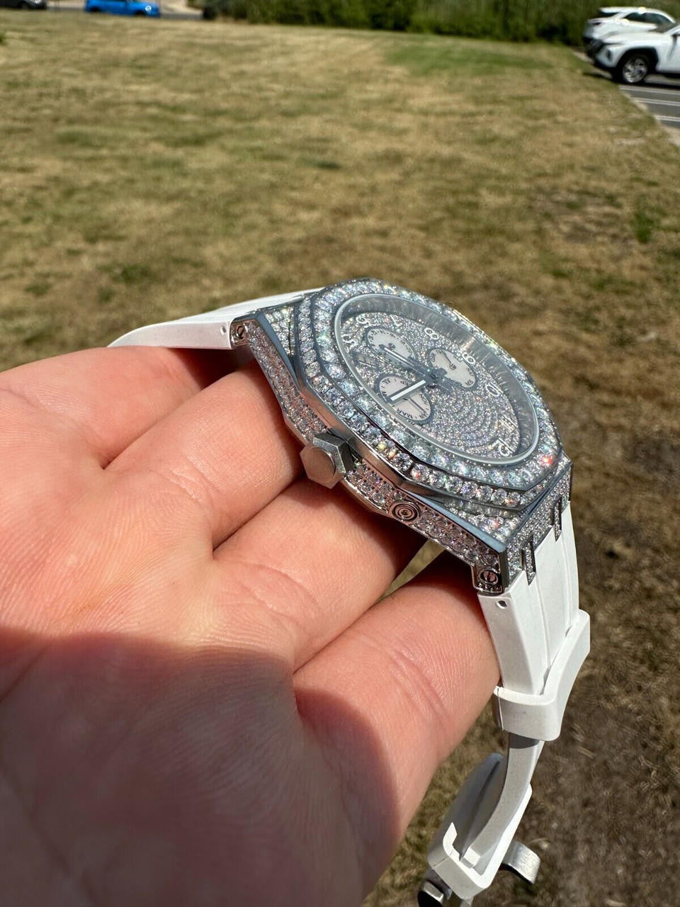 Real MOISSANITE Mens Watch Iced Skeleton Back 44mm Hip Hop - White Silicone Band