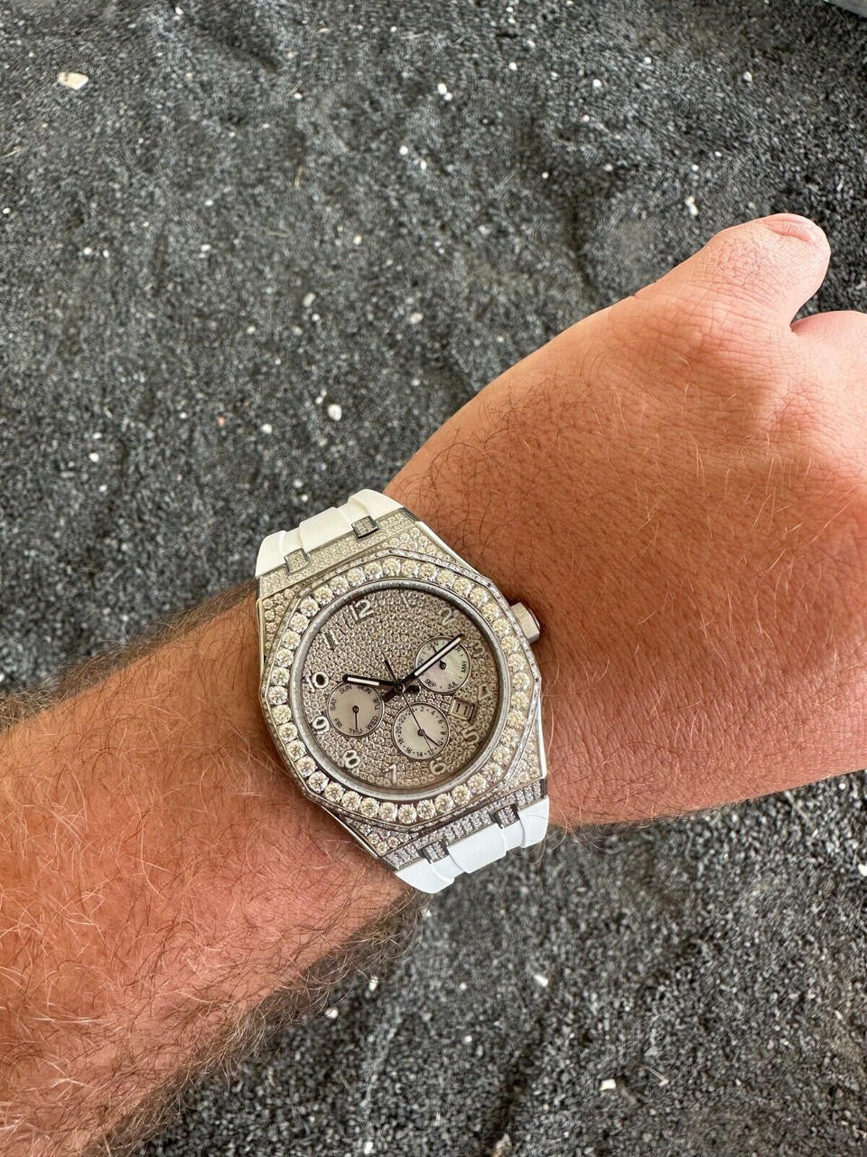 Real MOISSANITE Mens Watch Iced Skeleton Back 44mm Hip Hop - White Silicone Band