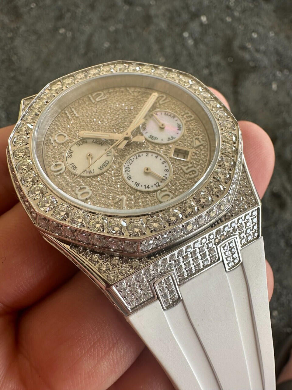 Real MOISSANITE Mens Watch Iced Skeleton Back 44mm Hip Hop - White Silicone Band