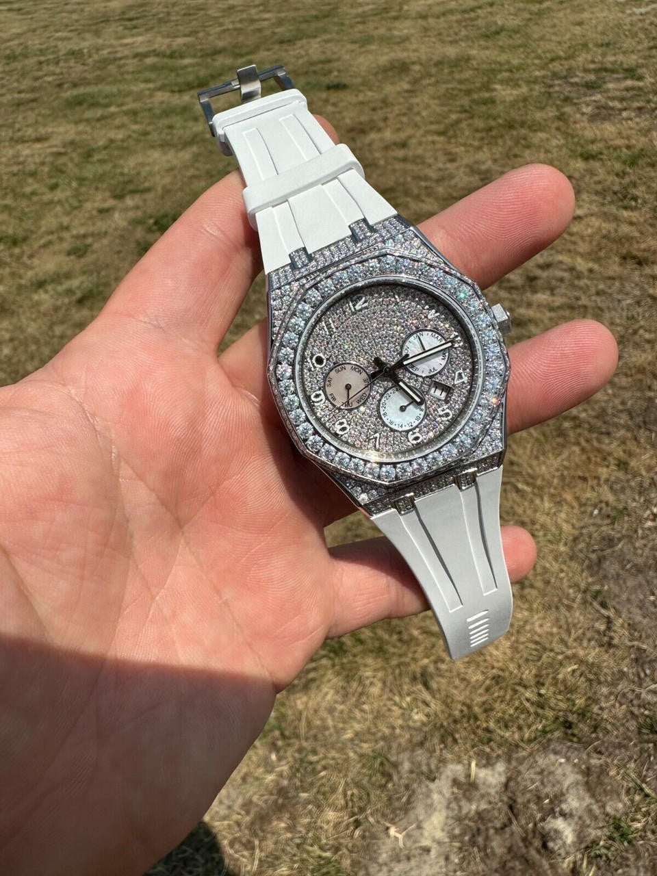 Real MOISSANITE Mens Watch Iced Skeleton Back 44mm Hip Hop - White Silicone Band