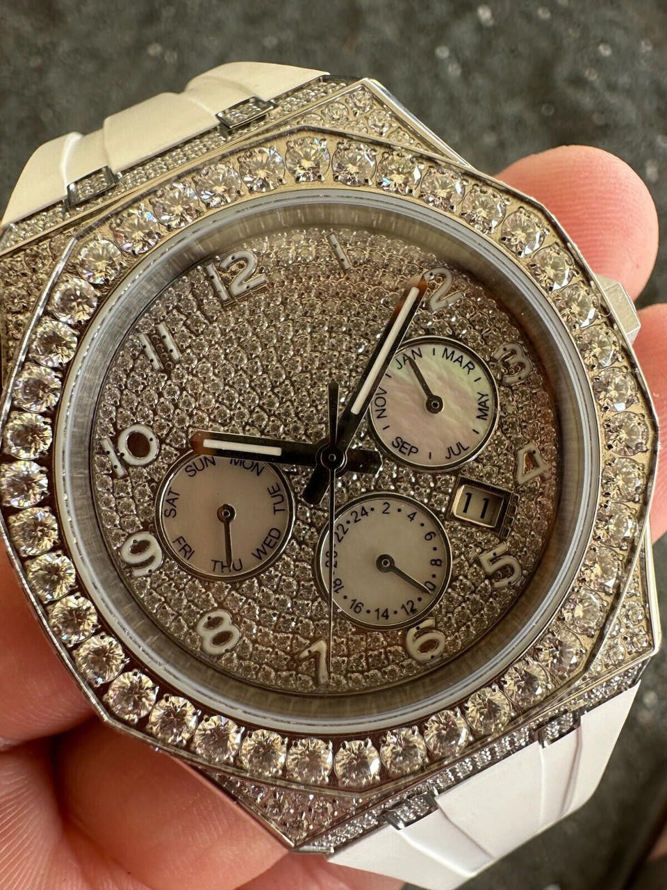 Real MOISSANITE Mens Watch Iced Skeleton Back 44mm Hip Hop - White Silicone Band