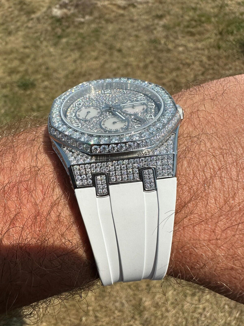 Real MOISSANITE Mens Watch Iced Skeleton Back 44mm Hip Hop - White Silicone Band