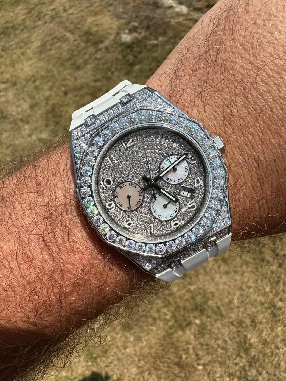 Real MOISSANITE Mens Watch Iced Skeleton Back 44mm Hip Hop - White Silicone Band