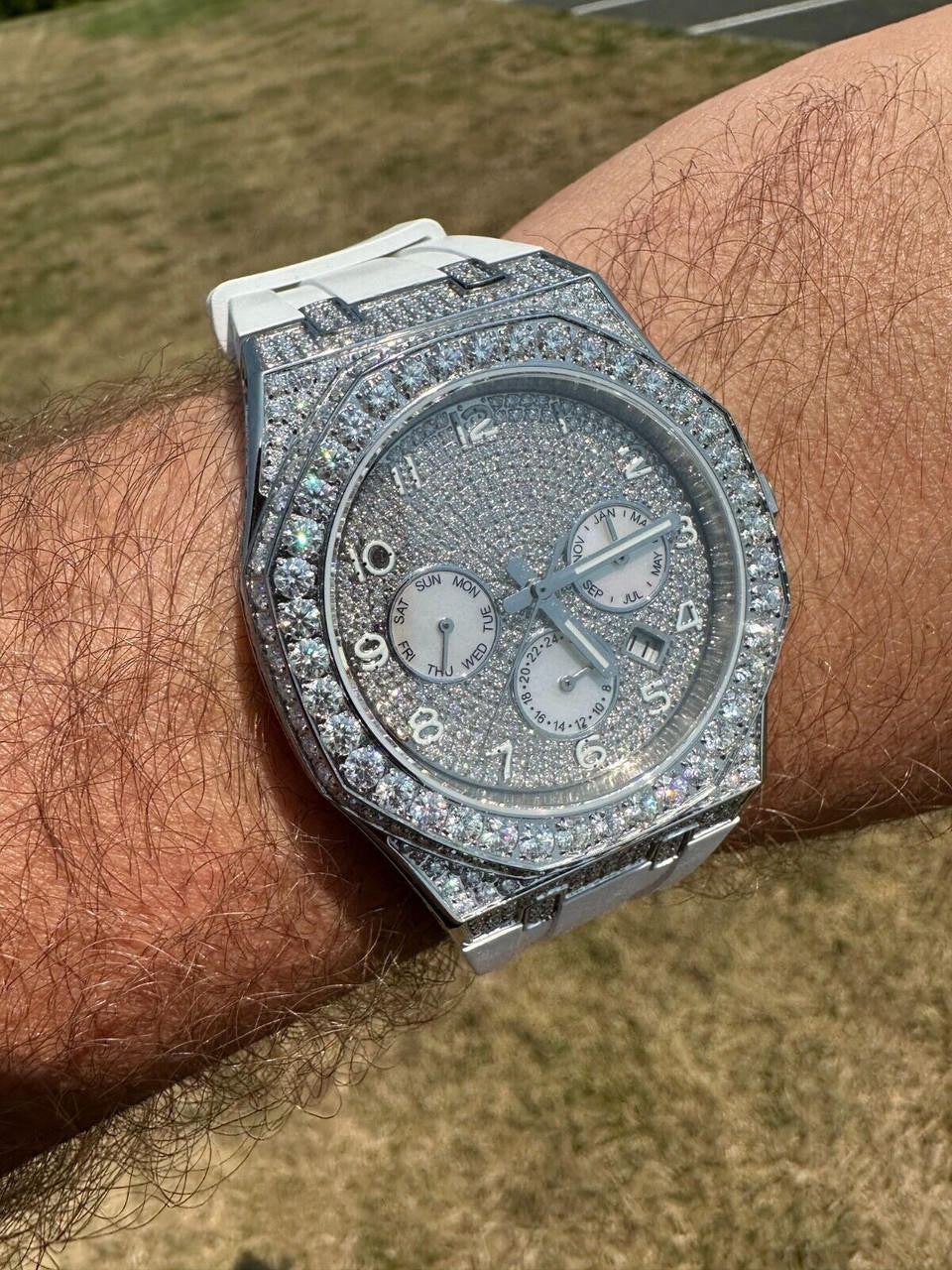 Real MOISSANITE Mens Watch Iced Skeleton Back 44mm Hip Hop - White Silicone Band