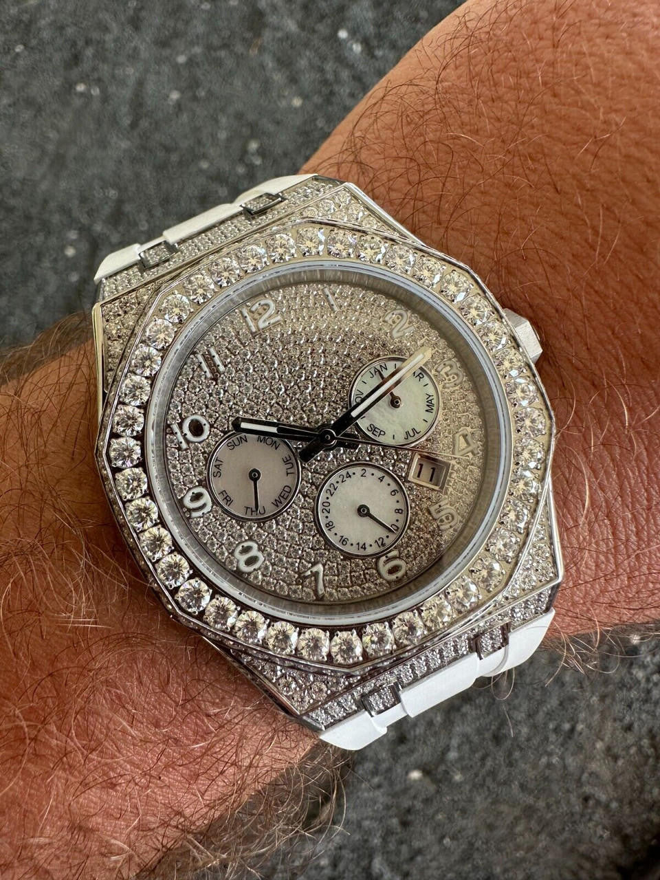 Real MOISSANITE Mens Watch Iced Skeleton Back 44mm Hip Hop - White Silicone Band