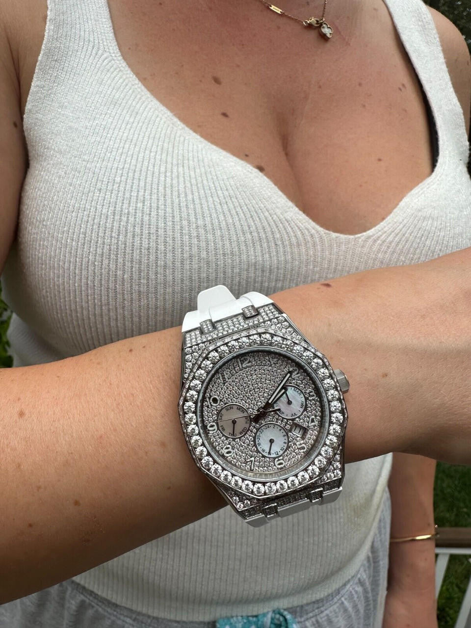 Real MOISSANITE Mens Watch Iced Skeleton Back 44mm Hip Hop - White Silicone Band