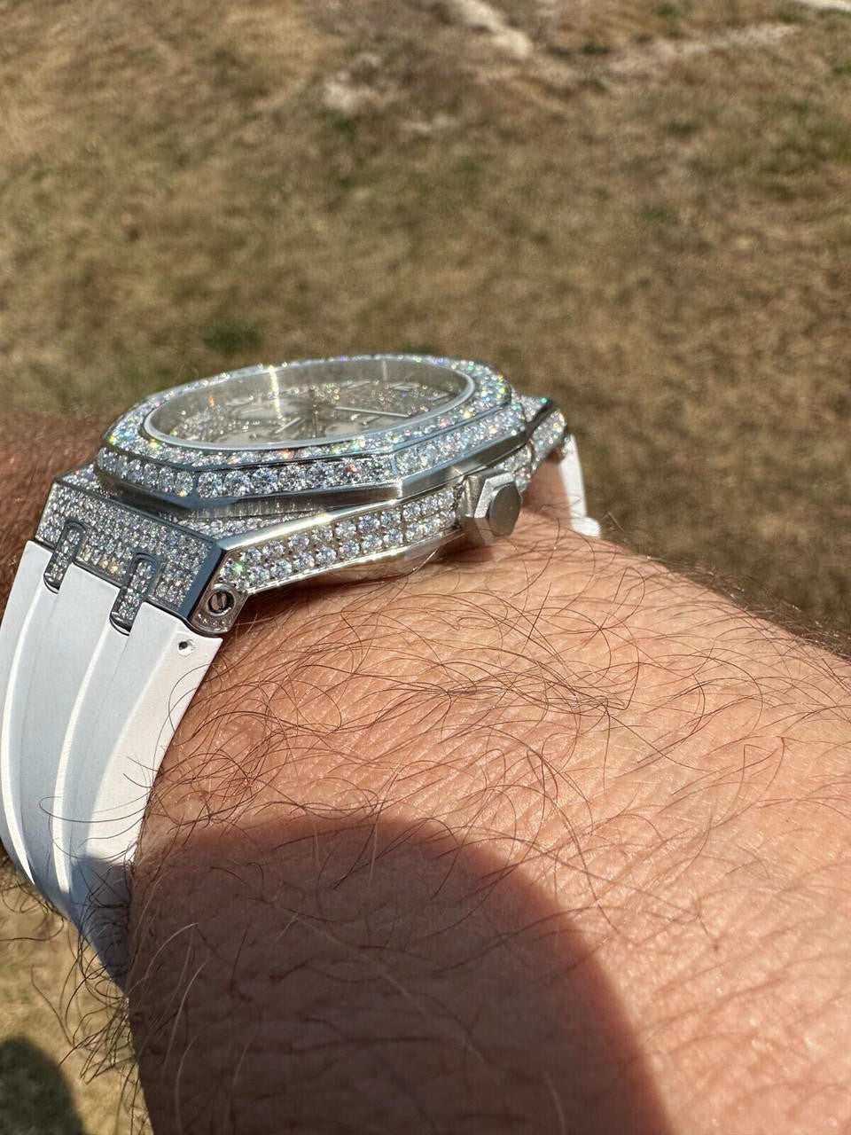 Real MOISSANITE Mens Watch Iced Skeleton Back 44mm Hip Hop - White Silicone Band