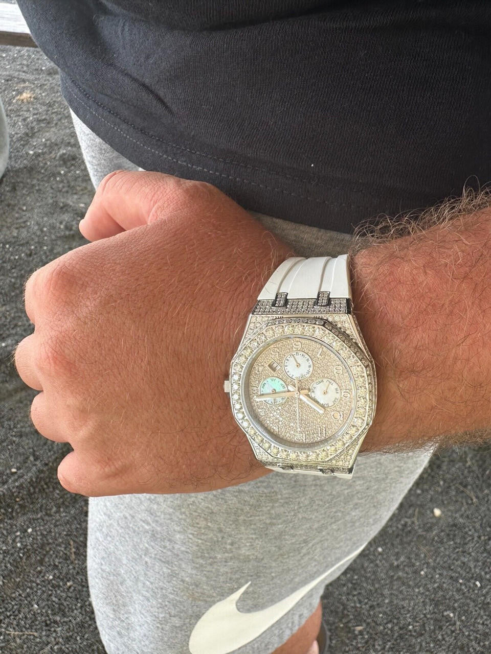 Real MOISSANITE Mens Watch Iced Skeleton Back 44mm Hip Hop - White Silicone Band