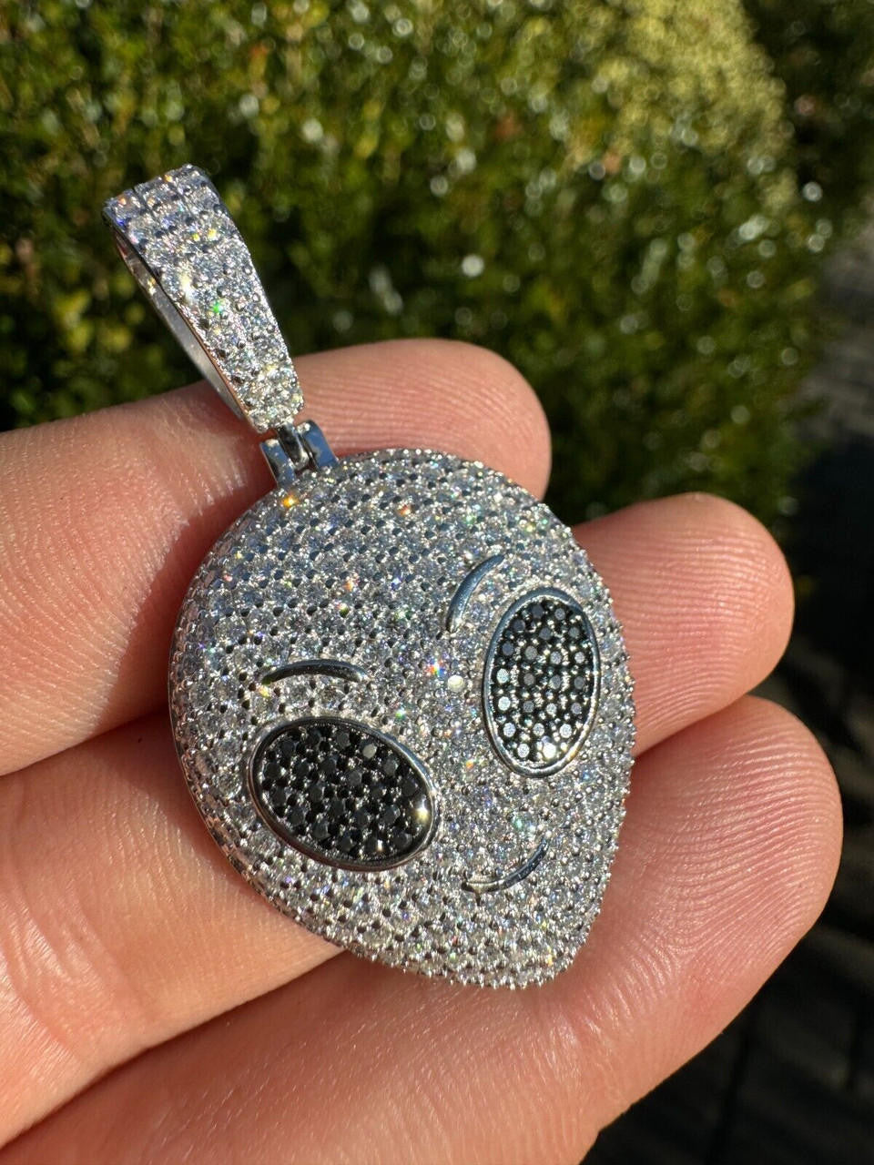 MOISSANITE Iced Alien Head UFO Emoji Pendant - 14k Gold Vermeil Or 925 Silver - Medium 2"