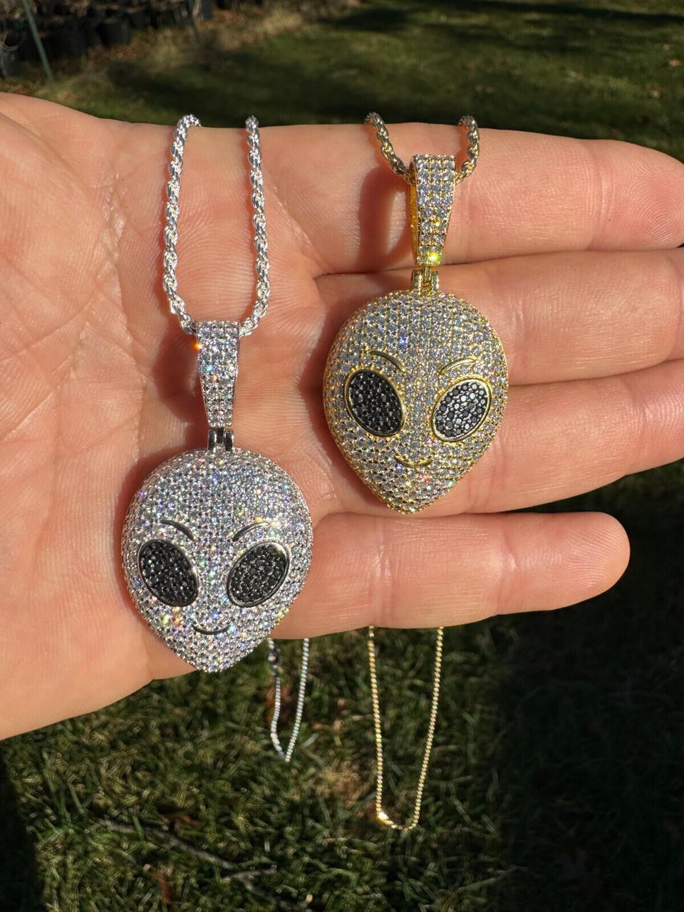 MOISSANITE Iced Alien Head UFO Emoji Pendant - 14k Gold Vermeil Or 925 Silver - Medium 2"