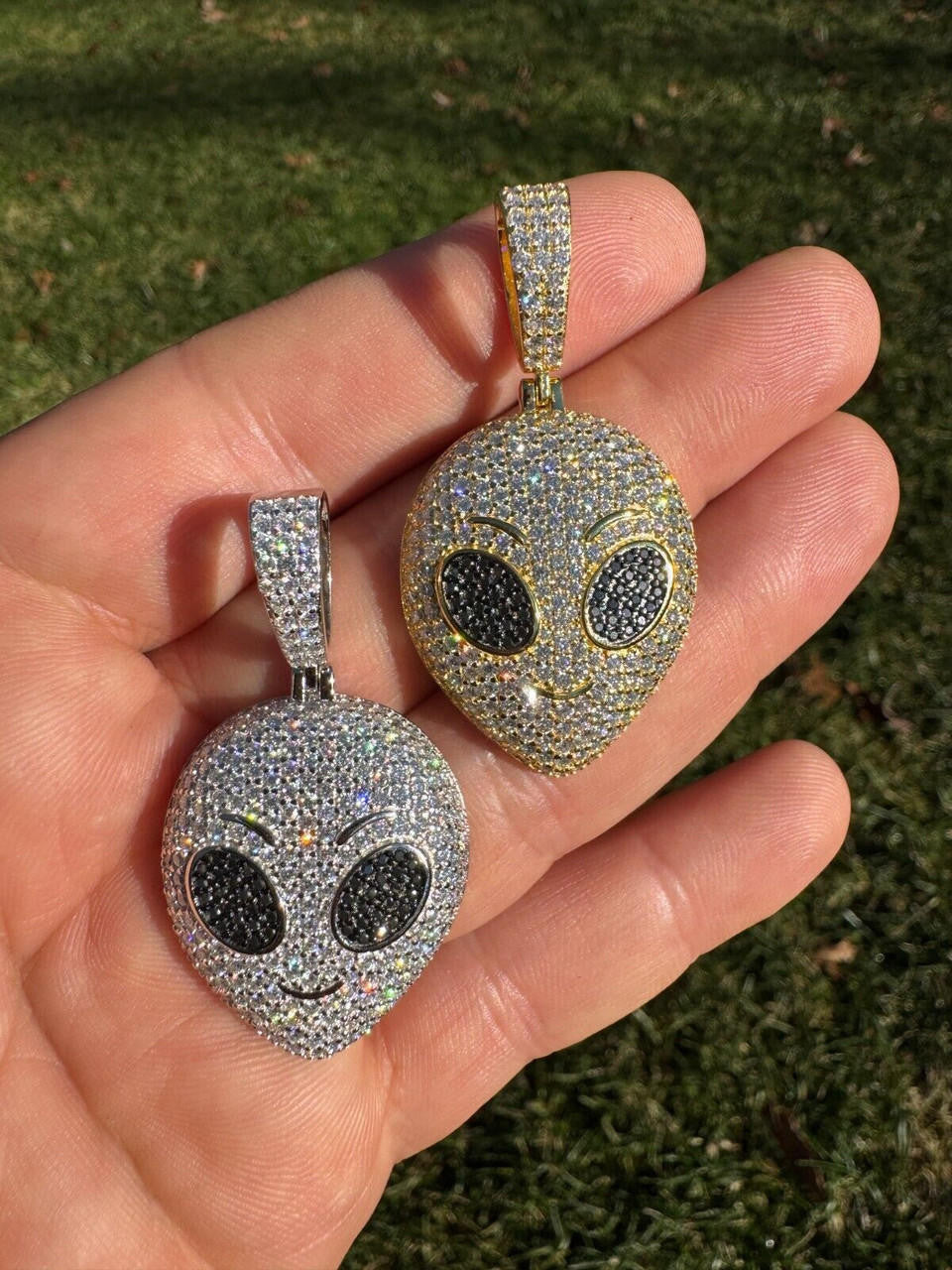 MOISSANITE Iced Alien Head UFO Emoji Pendant - 14k Gold Vermeil Or 925 Silver - Medium 2"