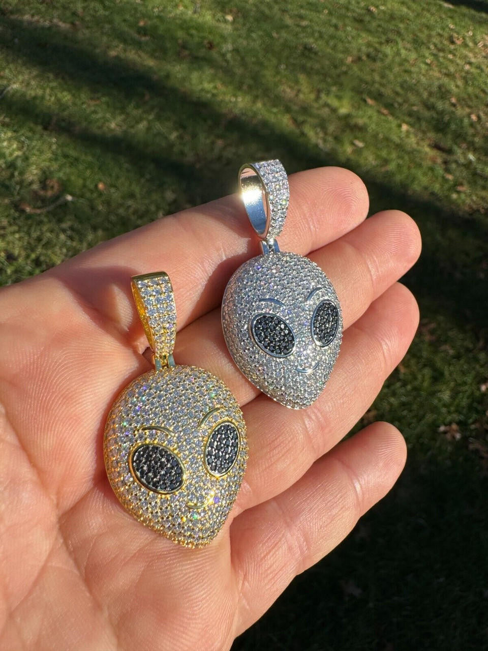 MOISSANITE Iced Alien Head UFO Emoji Pendant - 14k Gold Vermeil Or 925 Silver - Medium 2"