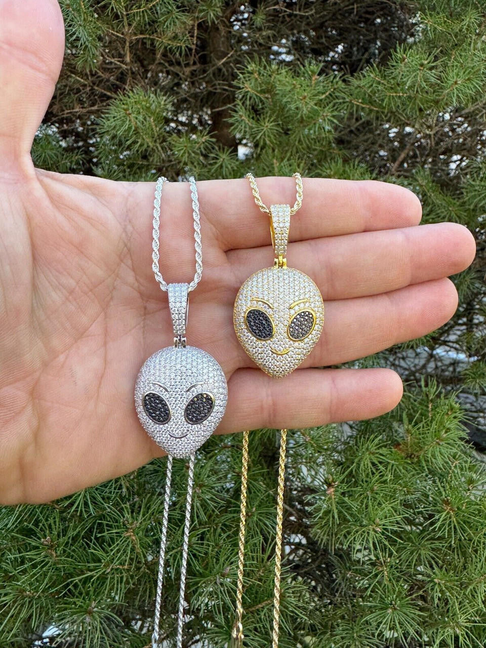 MOISSANITE Iced Alien Head UFO Emoji Pendant - 14k Gold Vermeil Or 925 Silver - Medium 2"