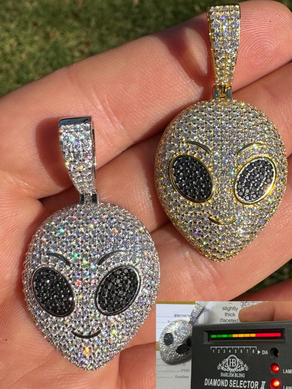 MOISSANITE Iced Alien Head UFO Emoji Pendant - 14k Gold Vermeil Or 925 Silver - Medium 2"