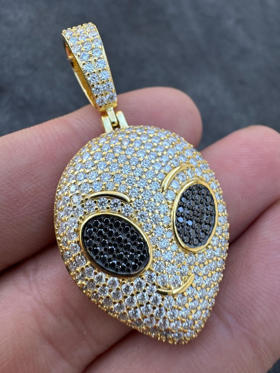 MOISSANITE Iced Alien Head UFO Emoji Pendant - 14k Gold Vermeil Or 925 Silver - Medium 2"