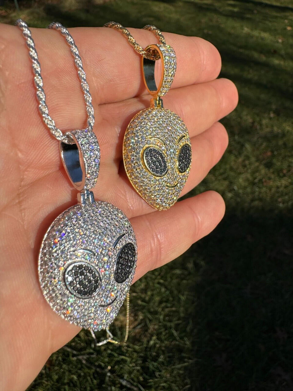 MOISSANITE Iced Alien Head UFO Emoji Pendant - 14k Gold Vermeil Or 925 Silver - Medium 2"