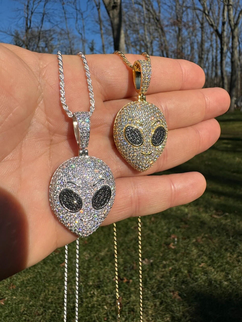 MOISSANITE Iced Alien Head UFO Emoji Pendant - 14k Gold Vermeil Or 925 Silver - Medium 2"