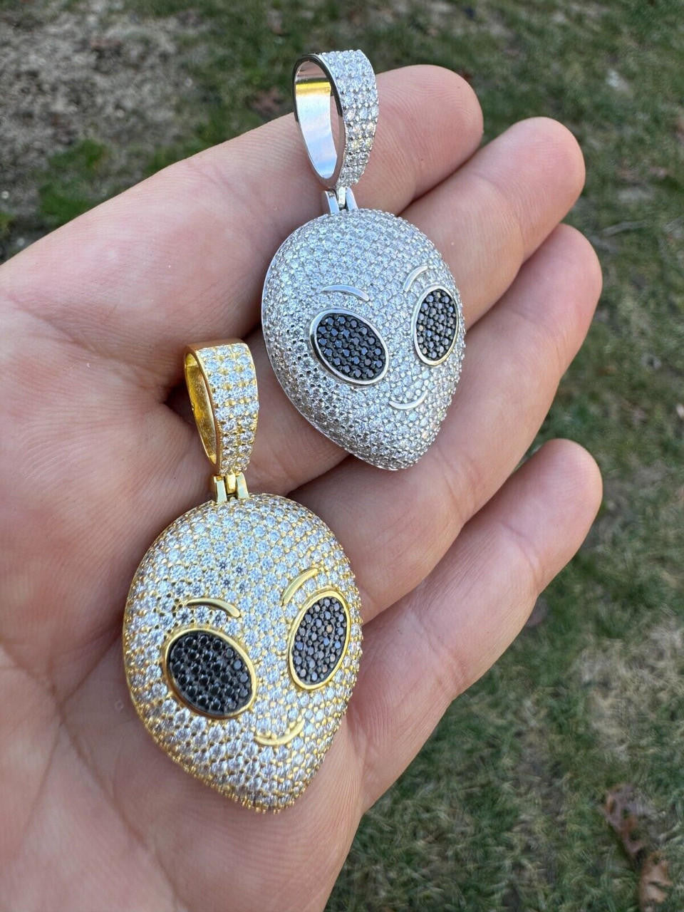 MOISSANITE Iced Alien Head UFO Emoji Pendant - 14k Gold Vermeil Or 925 Silver - Medium 2"