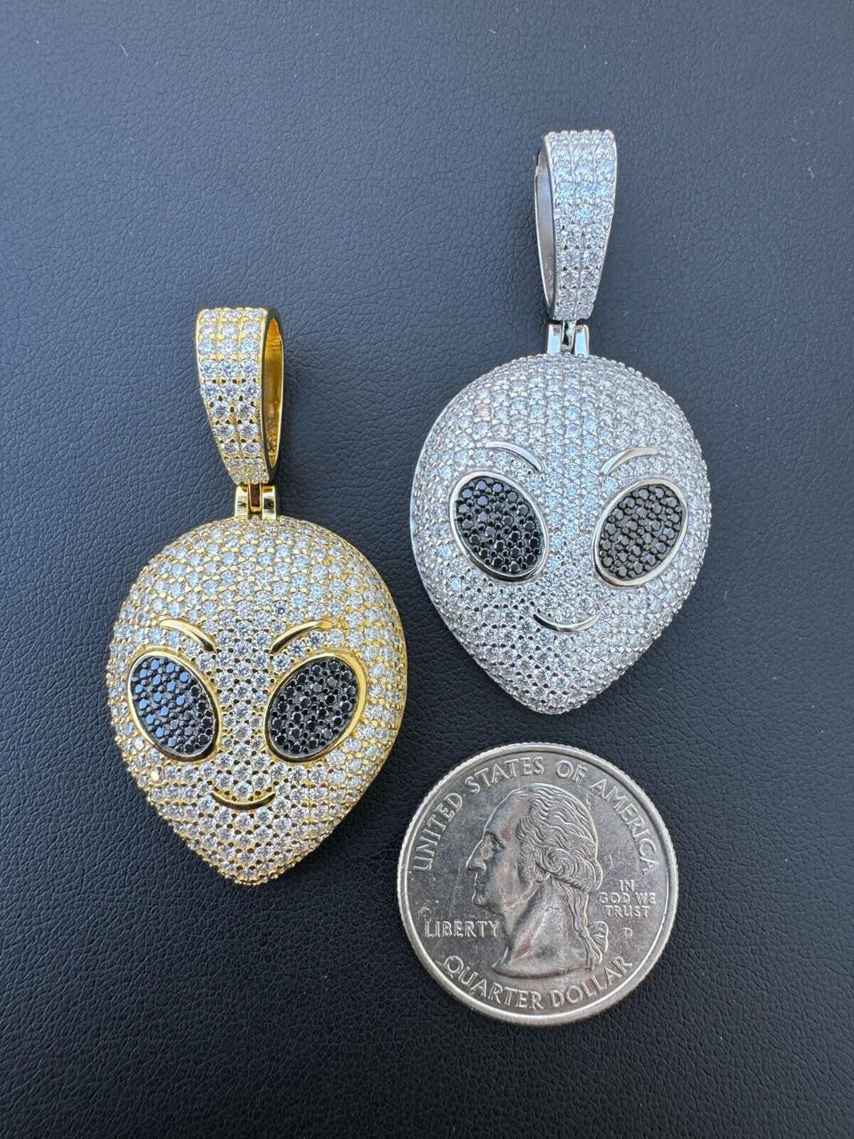 MOISSANITE Iced Alien Head UFO Emoji Pendant - 14k Gold Vermeil Or 925 Silver - Medium 2"