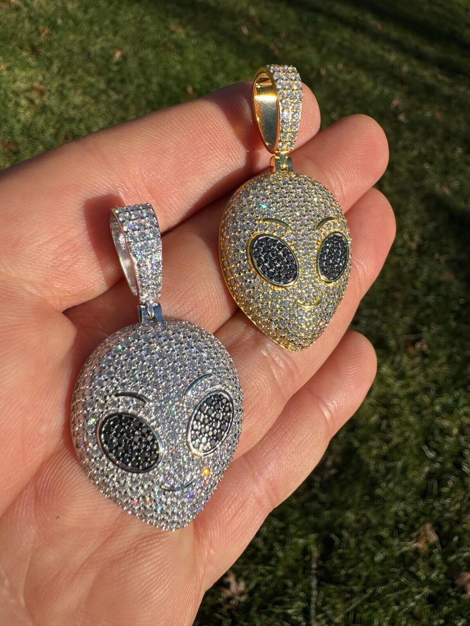 MOISSANITE Iced Alien Head UFO Emoji Pendant - 14k Gold Vermeil Or 925 Silver - Medium 2"