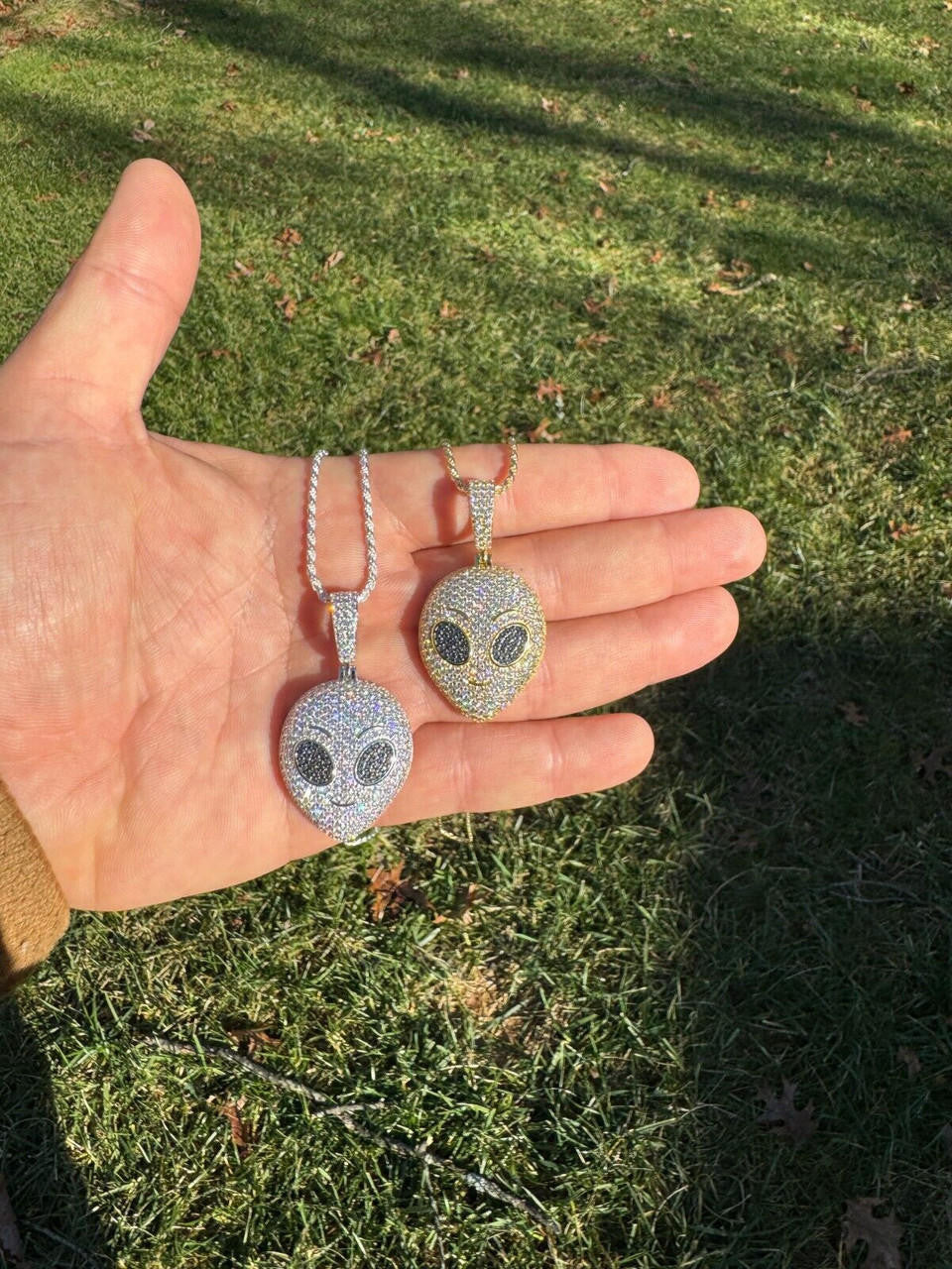 MOISSANITE Iced Alien Head UFO Emoji Pendant - 14k Gold Vermeil Or 925 Silver - Medium 2"