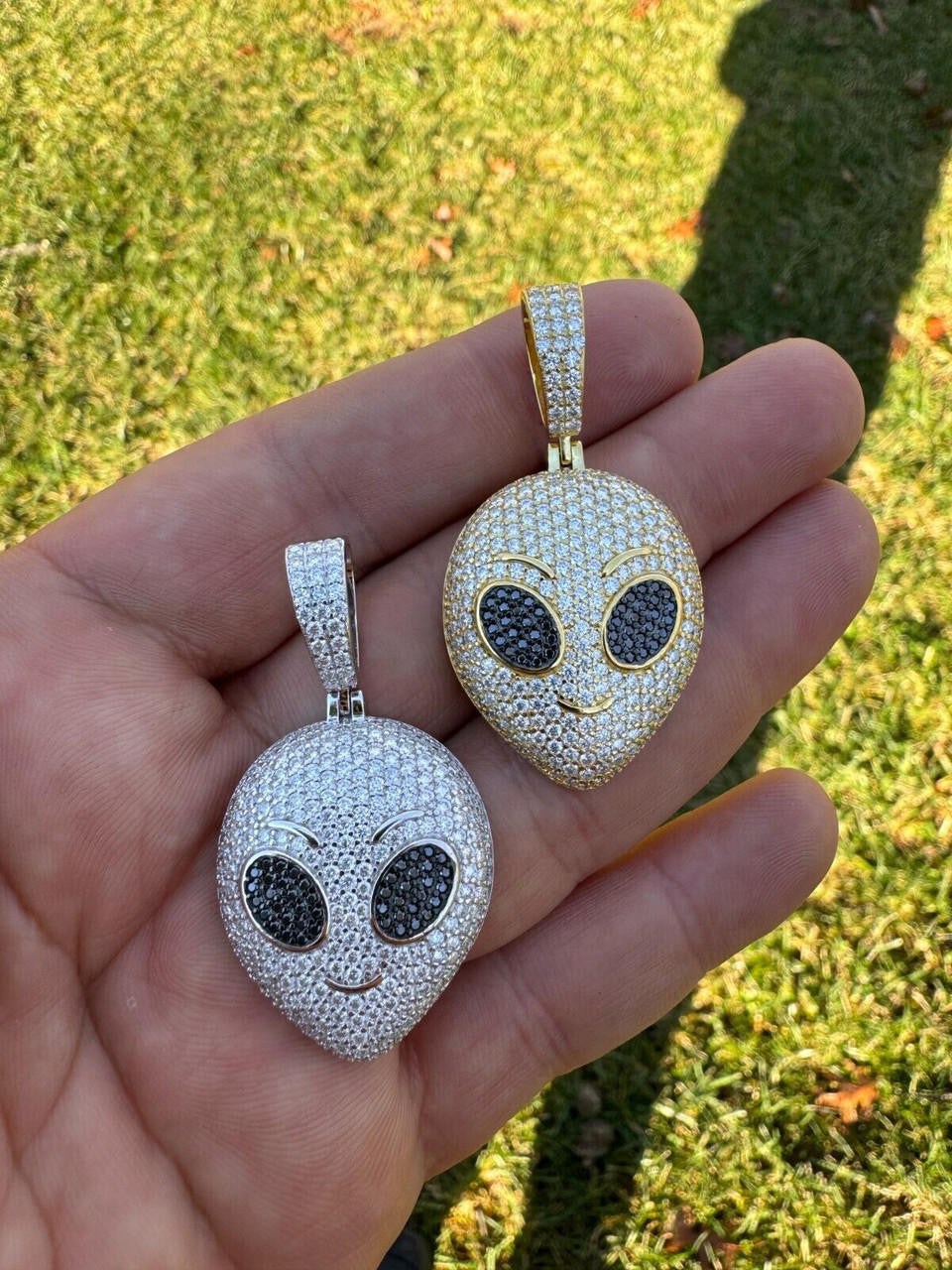 MOISSANITE Iced Alien Head UFO Emoji Pendant - 14k Gold Vermeil Or 925 Silver - Medium 2"