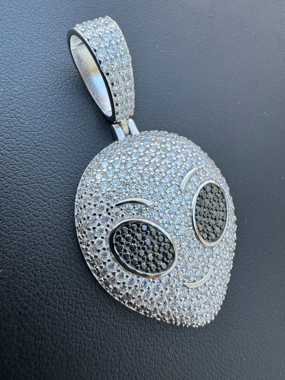 MOISSANITE Iced Alien Head UFO Emoji Pendant - 14k Gold Vermeil Or 925 Silver - Medium 2"