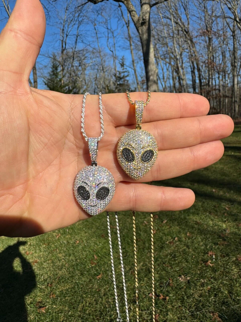 MOISSANITE Iced Alien Head UFO Emoji Pendant - 14k Gold Vermeil Or 925 Silver - Medium 2"