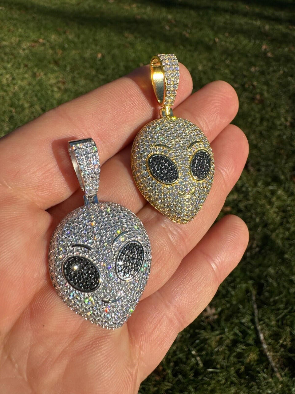 MOISSANITE Iced Alien Head UFO Emoji Pendant - 14k Gold Vermeil Or 925 Silver - Medium 2"