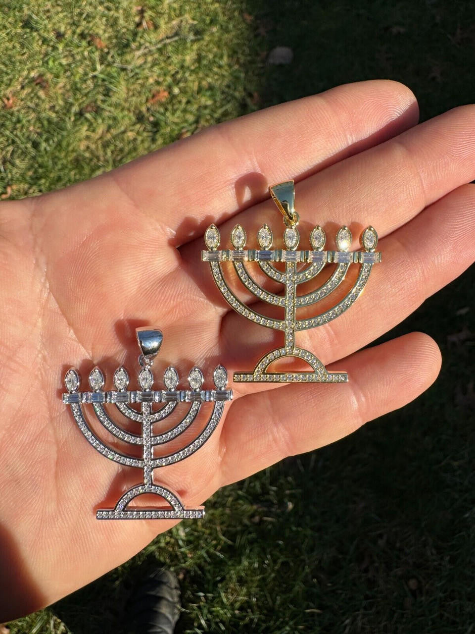 MOISSANITE Iced Jewish Menorah Hebrew Israelite Pendant - 14k Gold Vermeil Or 925 Silver - Medium 1.5"