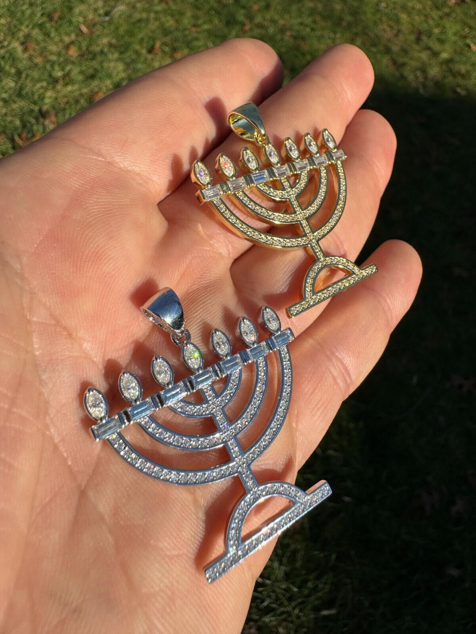 MOISSANITE Iced Jewish Menorah Hebrew Israelite Pendant - 14k Gold Vermeil Or 925 Silver - Medium 1.5"