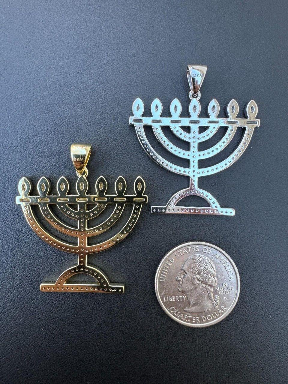 MOISSANITE Iced Jewish Menorah Hebrew Israelite Pendant - 14k Gold Vermeil Or 925 Silver - Medium 1.5"